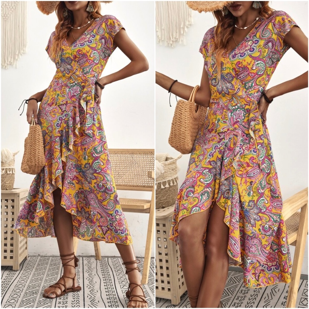 Bohemian Yellow Floral Paisley Print Wrap Midi Cottagecore Dress - Picture 6 of 6